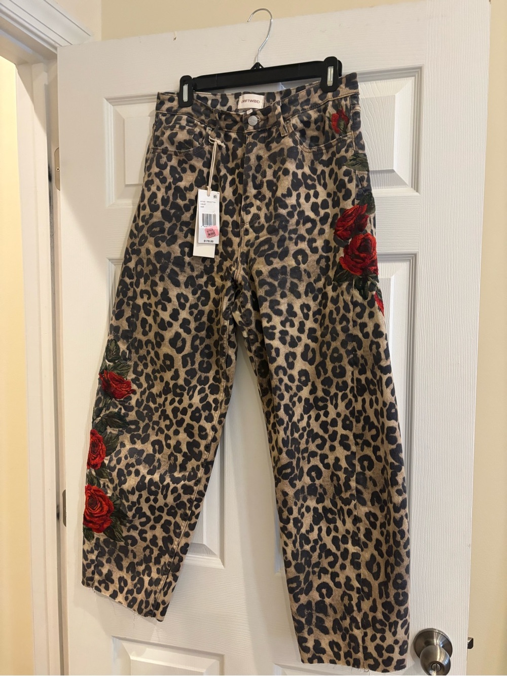 DRIFTWOOD Leopard-Print Jeans with Red Rose Embroidery